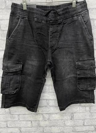 Мужские черные джинсовые шорты на резинке с карманами по бокам большого размера