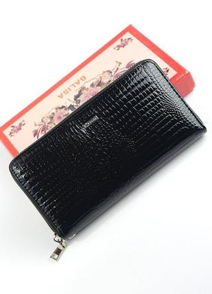 Черный лаковый женский кожаный кошелек на молнии, классический большой кошелек портмоне с тиснением1 фото