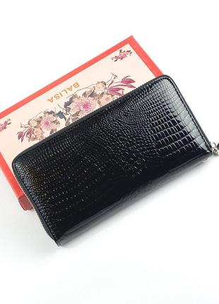 Черный лаковый женский кожаный кошелек на молнии, классический большой кошелек портмоне с тиснением2 фото