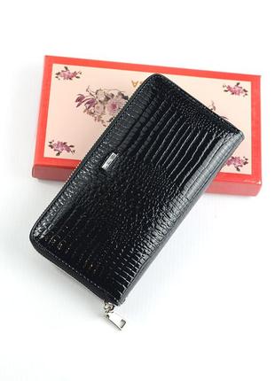 Черный лаковый женский кожаный кошелек на молнии, классический большой кошелек портмоне с тиснением4 фото