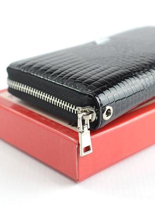 Черный лаковый женский кожаный кошелек на молнии, классический большой кошелек портмоне с тиснением5 фото