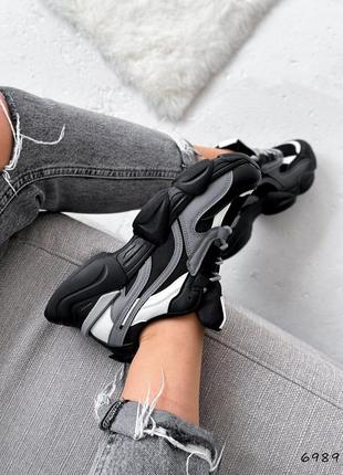 Кросівки жіночі saran чорні + білий + сірий, екошкіра/еконубук/текстиль3 фото