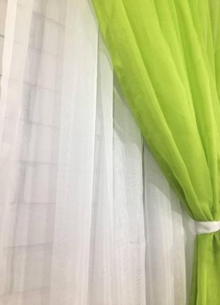 Готова салатова коротка пошита тюль фіранка для кухні, веранди, вітальні