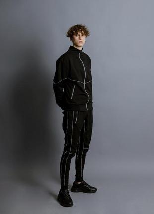 Мужской спортивный костюм олимпийка и штаны черный с рефлективный кант / молодежный комплект толстов1 фото