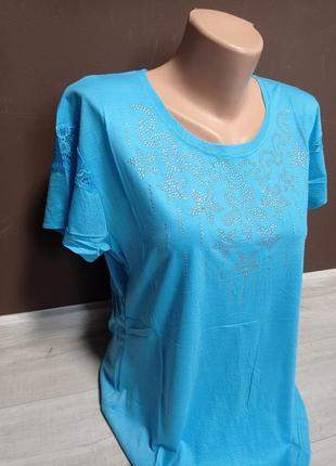 Женская футболка туника дача стразы 44-50 размеры синяя мята пудра красная голубая кофе9 фото