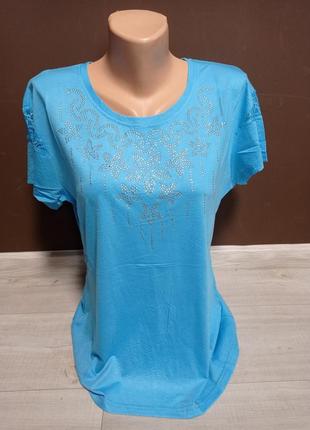 Женская футболка туника дача стразы 44-50 размеры синяя мята пудра красная голубая кофе