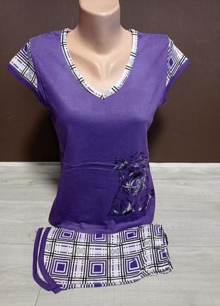 Подростковая пижама для девочки турция собачка футболка и шорты хлопок 10-14 лет сирень фиолетовая