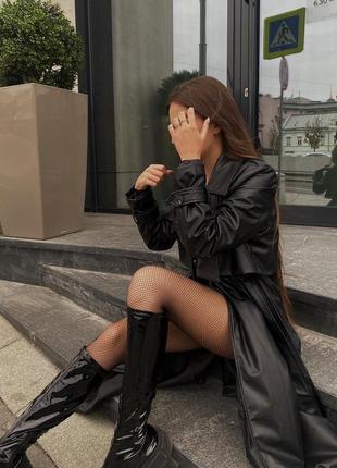 Женский кожаный тренч, пальто черное, плащ + подарок7 фото