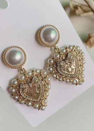Сережки вінтаж золоті ретро dior, в стилі бароко, сережки з перлинами, сережки серце