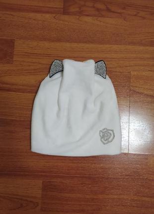 Нова подвійна шапка велюрова біла з вушками на дівчинку 8-10 років стрази демісезонна весняна1 фото