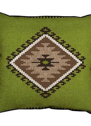 Подушка з мішковини коричневый навахо орнамент на зеленом фоне 45x45 см (45phb_fol019_br)