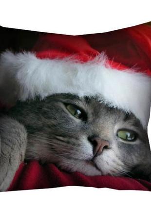 Подушка габардинова з принтом котик в новогодней шапке 30x30 (3p_ngnas115)
