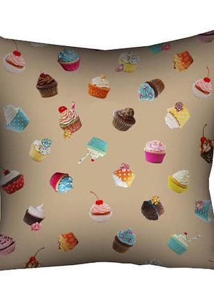 Подушка габардиновая c принтом пирожные на коричневом фоне 30x30 (3p_swe005)