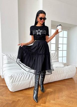 Костюм в стиле dior юбка шифон клеш флисе черная белая3 фото