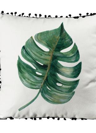 Подушка из мешковины с помпонами тропический листок 45x45 см (45phbp_ex002)1 фото