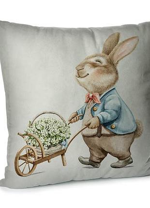 Подушка диванна з оксамиту пасхальний кролик с тележкой 45x45 см (45bp_23m035)