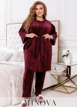 Бордовый женский велюровый костюм для дома, больших размеров от 50 до 68