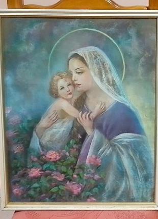 Картина "дева мария с младенцем", пастель.1 фото