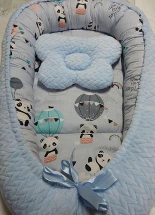 Кокон ( позиціонер, гніздечко) для новонароджених панда блакитний колір + подушечка ортопедична плюш бязь1 фото