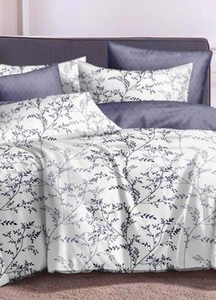 Комплект семейный постельного белья 150х220 листья веточка фиолетовый белый бязь голд люкс виталина1 фото