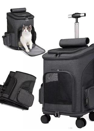 Рюкзак переноска на колёсах для кошек котов маленьких собак тёмно-серый6 фото