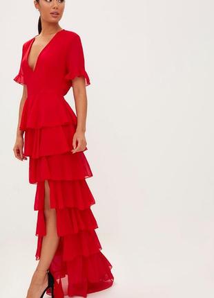 Червона довга максі шифонова сукня з рюшами, розріз, v-виріз, святкове плаття