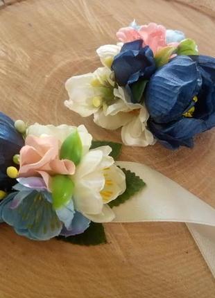 Набор бутоньерок свадебная бутоньерка бутоньерка синяя веночек с цветами1 фото