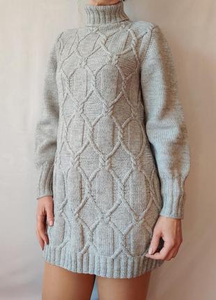 Теплый вязаный женский свитер ручной работы, длинный кофта платье винтаж ретро крафт серый натуральный2 фото