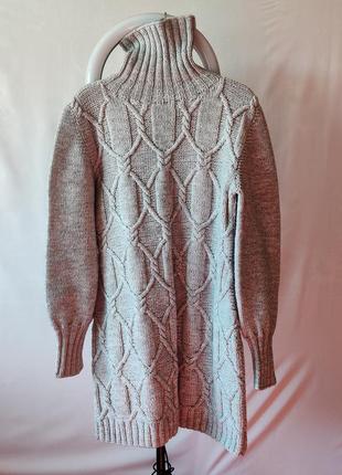 Теплый вязаный женский свитер ручной работы, длинный кофта платье винтаж ретро крафт серый натуральный1 фото