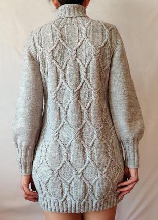Теплый вязаный женский свитер ручной работы, длинный кофта платье винтаж ретро крафт серый натуральный4 фото