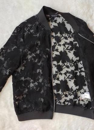 Черный прозрачный бомбер короткая куртка с цветочным принтом с молнией с замком ажурный zara1 фото