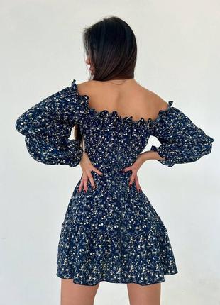 Платье мини с длинным рукавом в цветочный принт легкая весенняя короткая натуральная качественная креп платья белая черная синяя4 фото