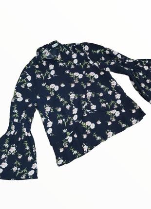 Жакардова жіноча блузка з кльош рукавам темно синього кльору з квітковим принтом zalia  розмір л~хл2 фото