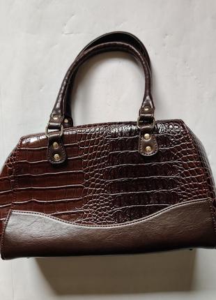 Велика жіночка сумка під шкіру з ручками оригінал вінтаж коричнева чорна сумочка крокодил змія1 фото