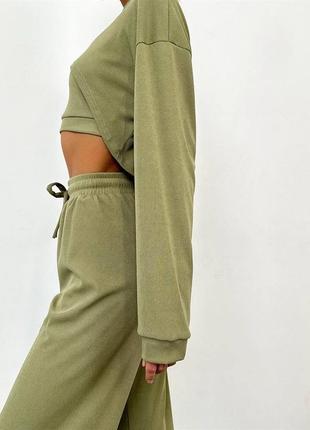 Жіночий костюм трійка в рубчик хакі (оливка)3 фото