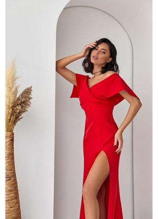 Платье вечернее длинное с разрезом по ноге красное3 фото