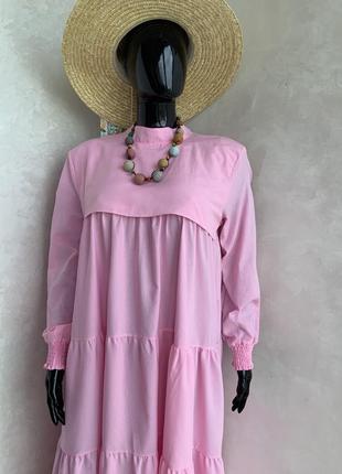 Невероятное свободное долгое платье из хлопка в розовом цвете