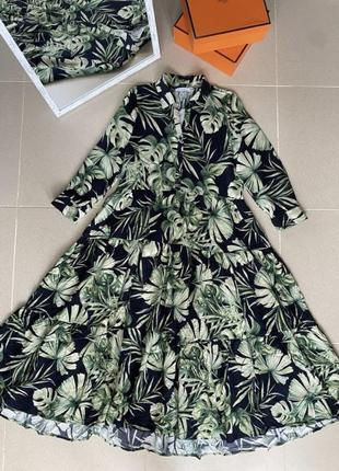 Очень красивое платье   принт пальмовые листья на пуговицах миди оверсайз