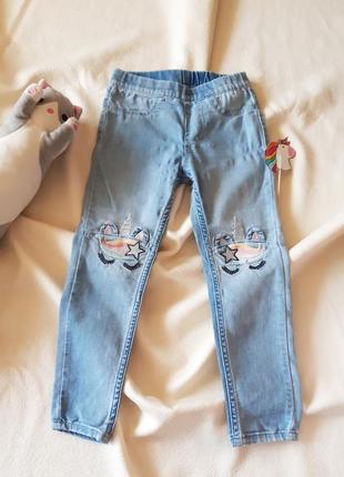 Тонкие джинсы - лосины для девочки на 2 - 3 года брендовые, с единорогом