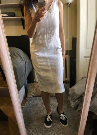 Белое простое льняное миди платье италия 10-12 новое