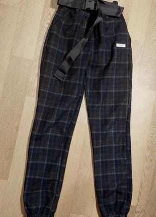 Теплые штаны брюки клетка джинсы джогеры шерсть на р 1461 фото