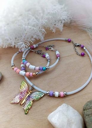Бабочка стрекоза набор чокер два браслета ожерелье колье белый розовый фиолетовый девочкам на шею руку подарок