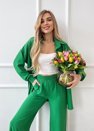 Жіночий повсякденний костюм двійка штани сорочка зеленого кольору