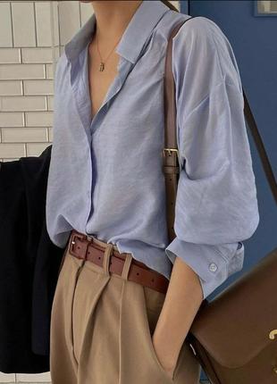 Шовкова небесно-блакитна блуза сорочка кежуал класика офіс