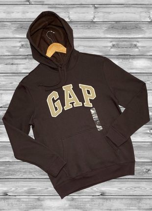 Мужская толстовка худи gap logo fleece hoodie темно-коричневая1 фото