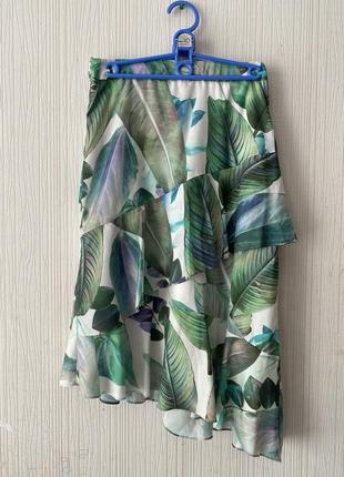 Летняя многослойная юбка воланы складки цветочный принт листья ассиметрия6 фото