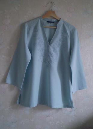 Жіноча лляна блузка туника maine uk14 l 48р., з бавовною, блакитна, вишивка