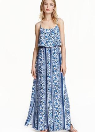 Платье макси с рисунком макси длинное белое синее цветочное1 фото