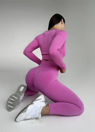 Эффектный розовый фитнес/спортивный костюм/комплект в рубчик (рашгард + лосины с пуш-ап эффектом)8 фото