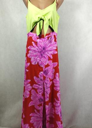 Сарафан платье с вырезом на талии длинное в пол салатовый красный цветы3 фото